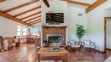 Smart TV, fireplace, books