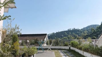 A courtyard with a wooden deck, potted plants, and a metal sculpture.