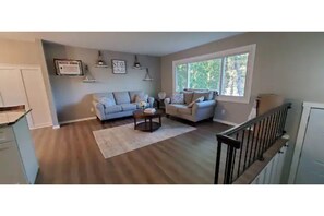 Smart TV, fireplace, books