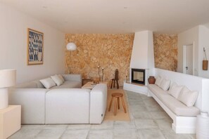 Televisie, een open haard en boeken