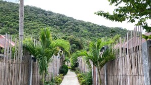 Um caminho de concreto estreito, ladeado por cercas de bambu e palmeiras, conduzindo a um horizonte montanhoso.