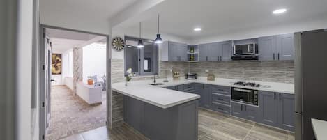 Fridge, microwave, oven, stovetop