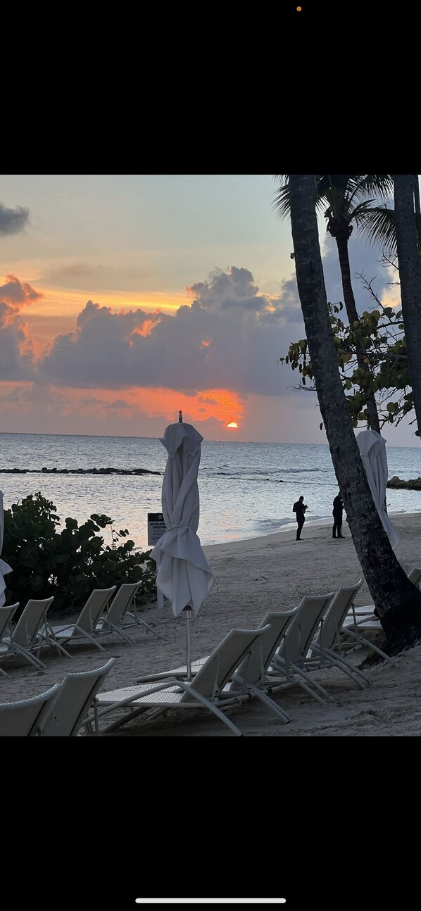 Una playa con sillas de descanso y sombrillas, un atardecer de fondo y algunas personas caminando.