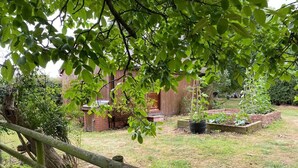 A wooden fence with a garden area in the background, including a brick structure and raised garden beds.