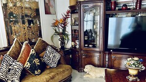 Una sala de estar con un sofá, una televisión y un mueble.