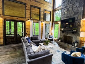 Smart TV, fireplace, books