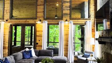 Smart TV, fireplace, books