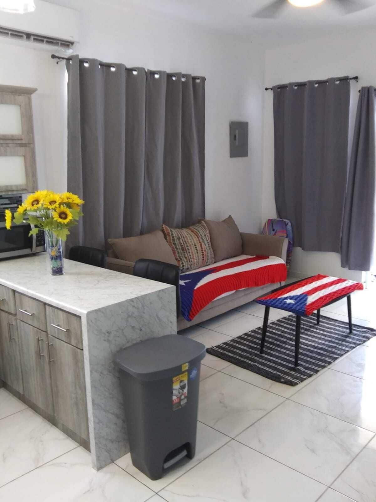 A modern living room with a sofa, a coffee table with a flag design, a vase with sunflowers, and a trash bin.
