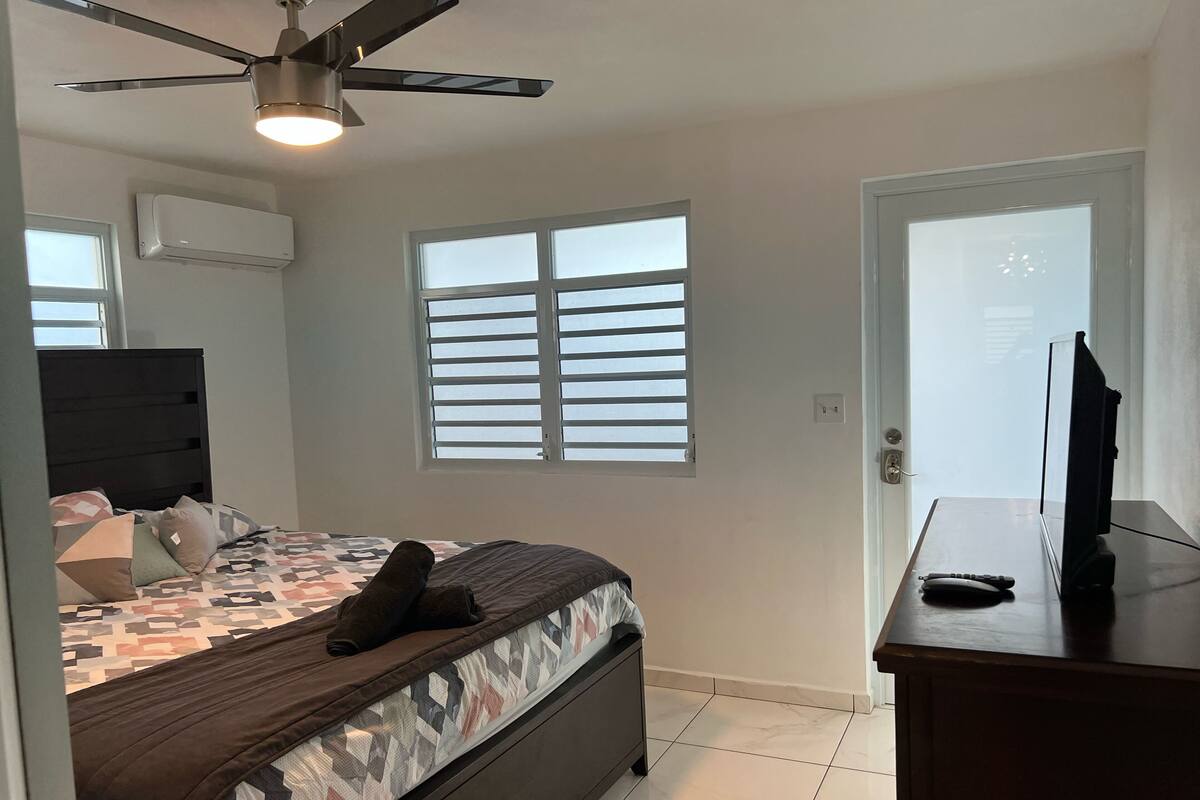 A bedroom with a bed, a ceiling fan, a window with blinds, a door, and a desk with a computer monitor.