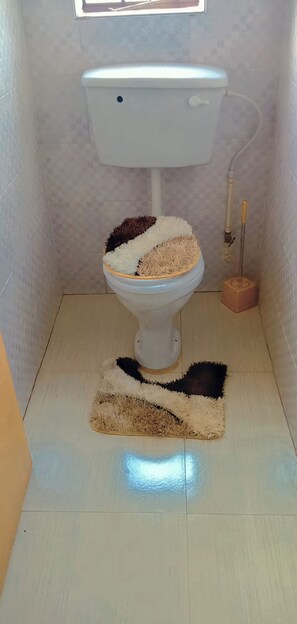 Een douche, handdoeken, toiletpapier