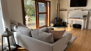 Smart TV, fireplace, books, music library