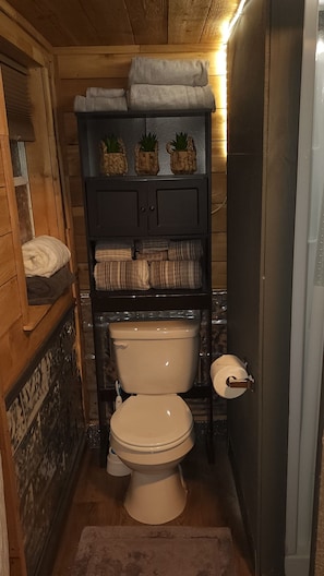 Regadera, toallas, jabón, papel de baño