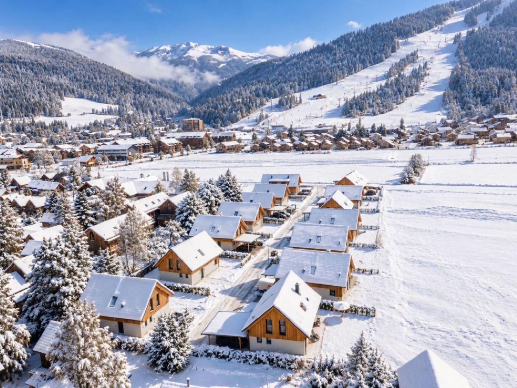 A snow-covered village with wooden houses and a mountain backdrop.
