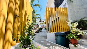 A narrow alleyway with yellow vertical blinds, potted plants, and a blue trash bin. - Meson del capitan 8 depa en el centro! (Mazatlán)