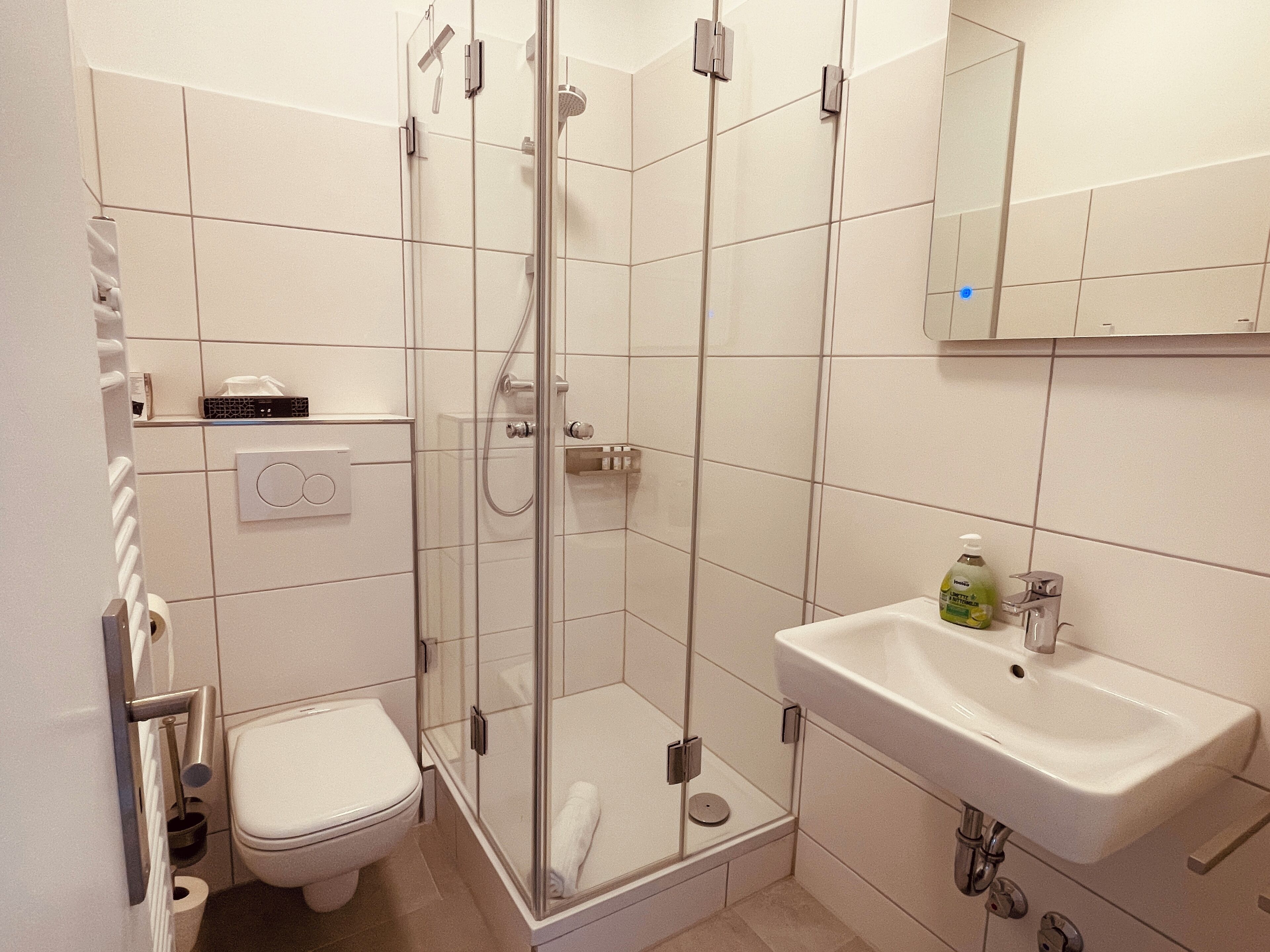 Une salle de bain moderne avec une douche à parois de verre, un lavabo blanc et des toilettes.