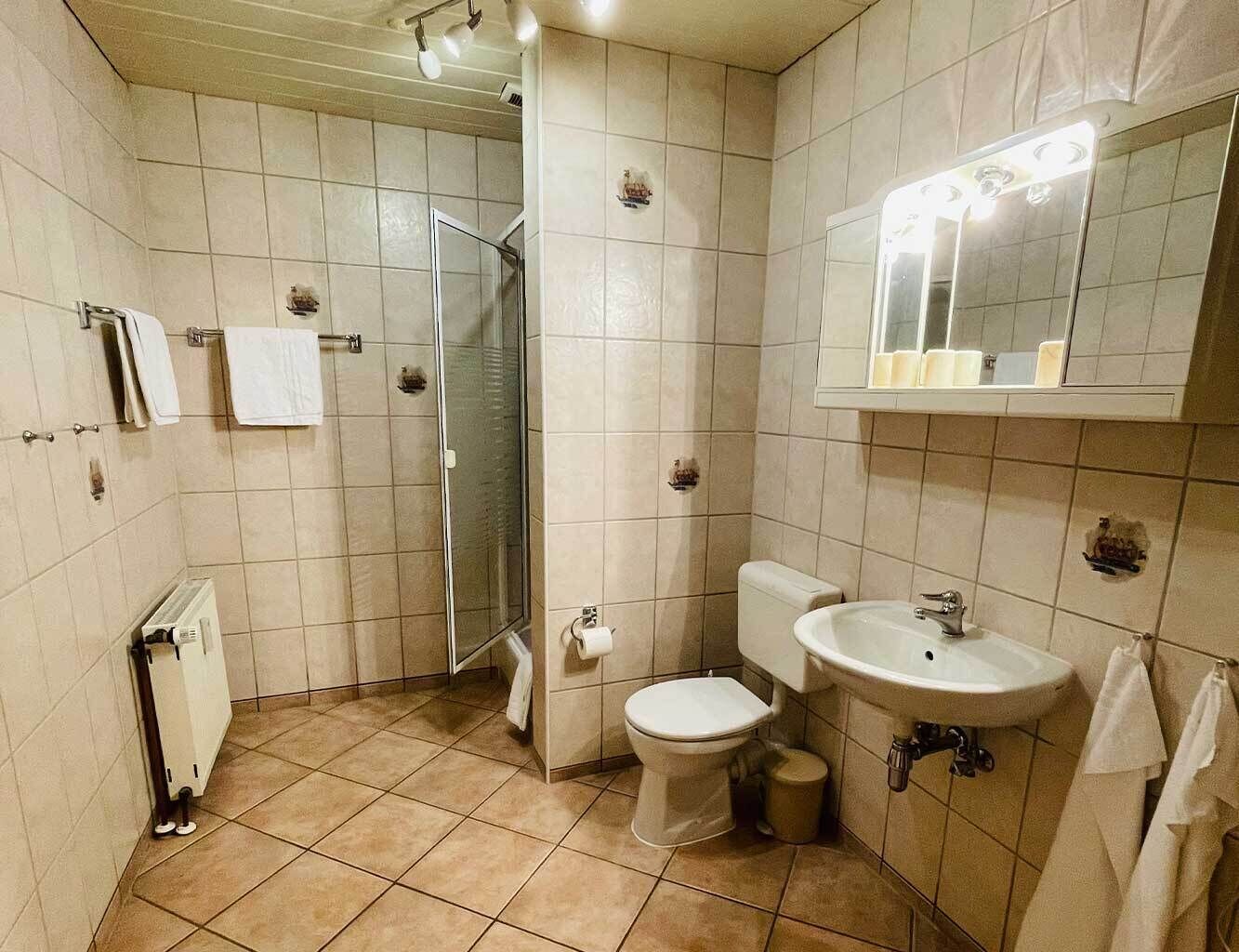 Un baño con inodoro, lavabo y ducha.