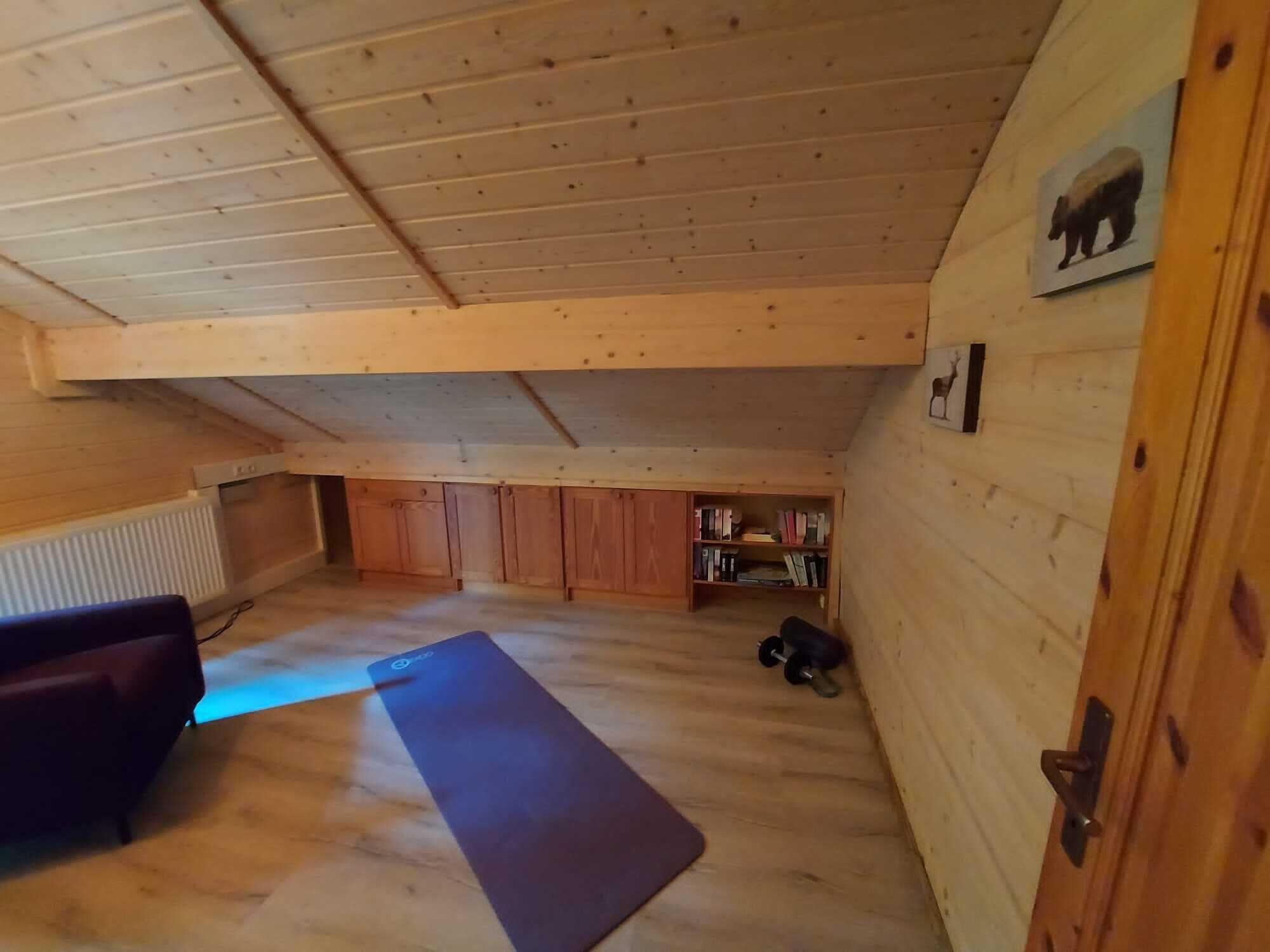 Interior de madera con techo, estantería, tapete de yoga y una puerta.