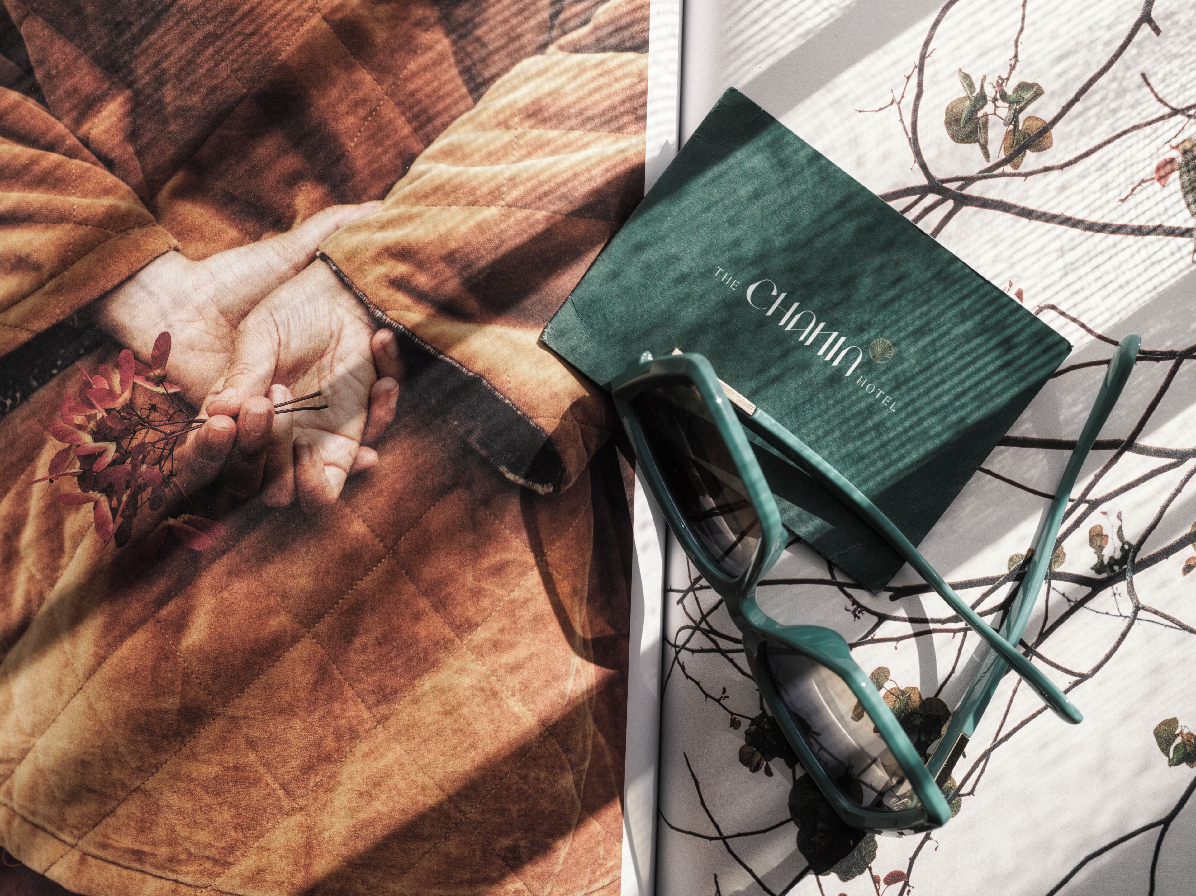 A green hotel brochure, a pair of sunglasses, and a hand holding a branch with leaves.
