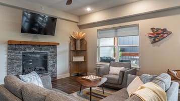 TV, fireplace, video games, foosball