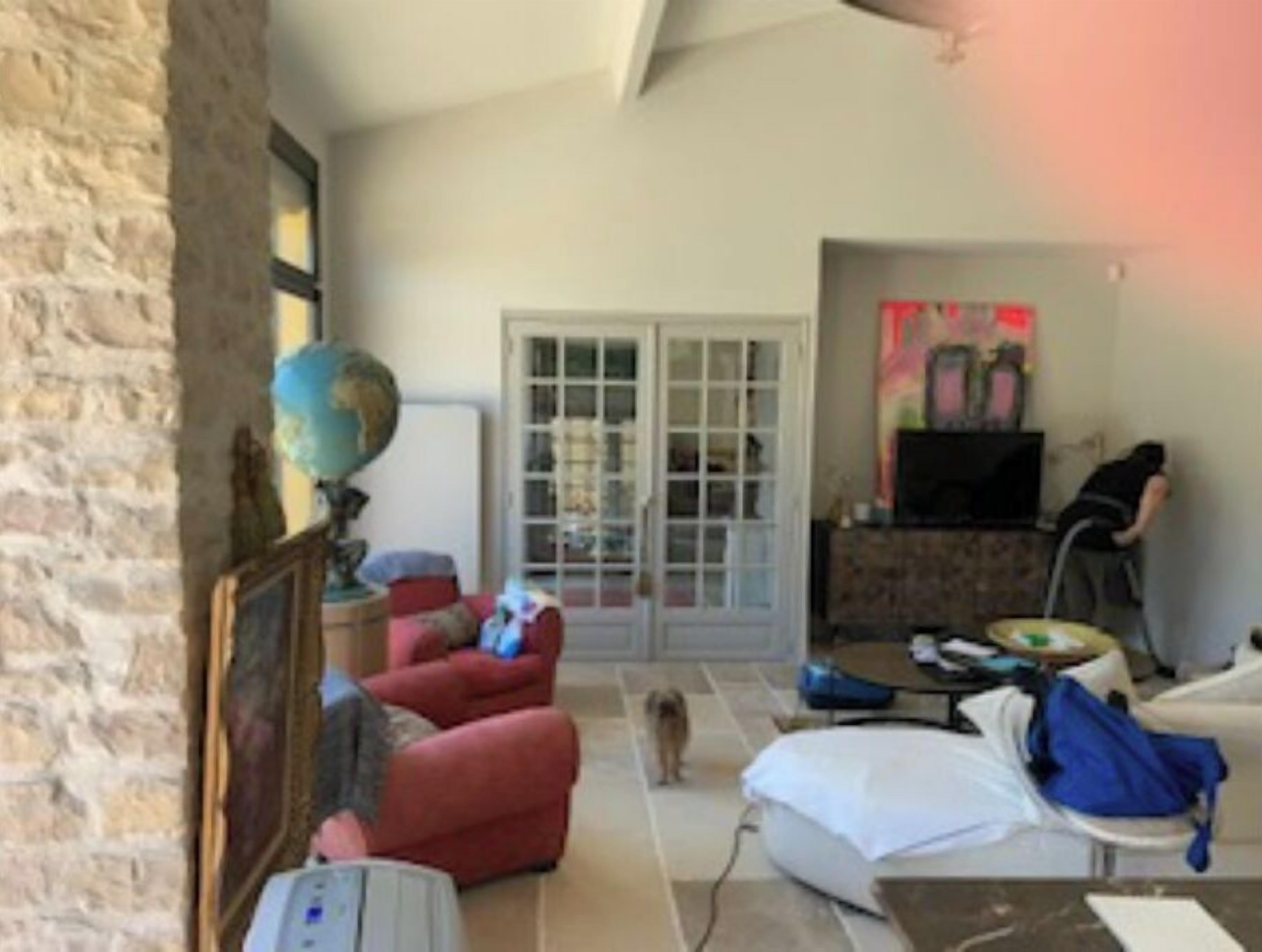 A living room with a stone wall, a globe, a painting, a red sofa, a white sofa, a television, and a person vacuuming.