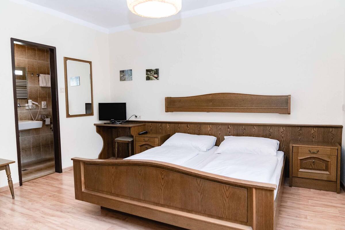 Un dormitorio con cama de madera, mesita de noche, televisor, espejo y baño visible a través de una puerta abierta.