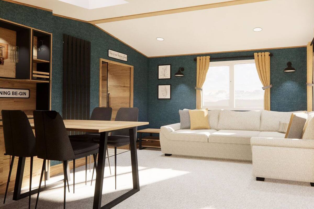 Una sala de estar moderna con un sofá, sillas, una mesa de madera y una estantería.