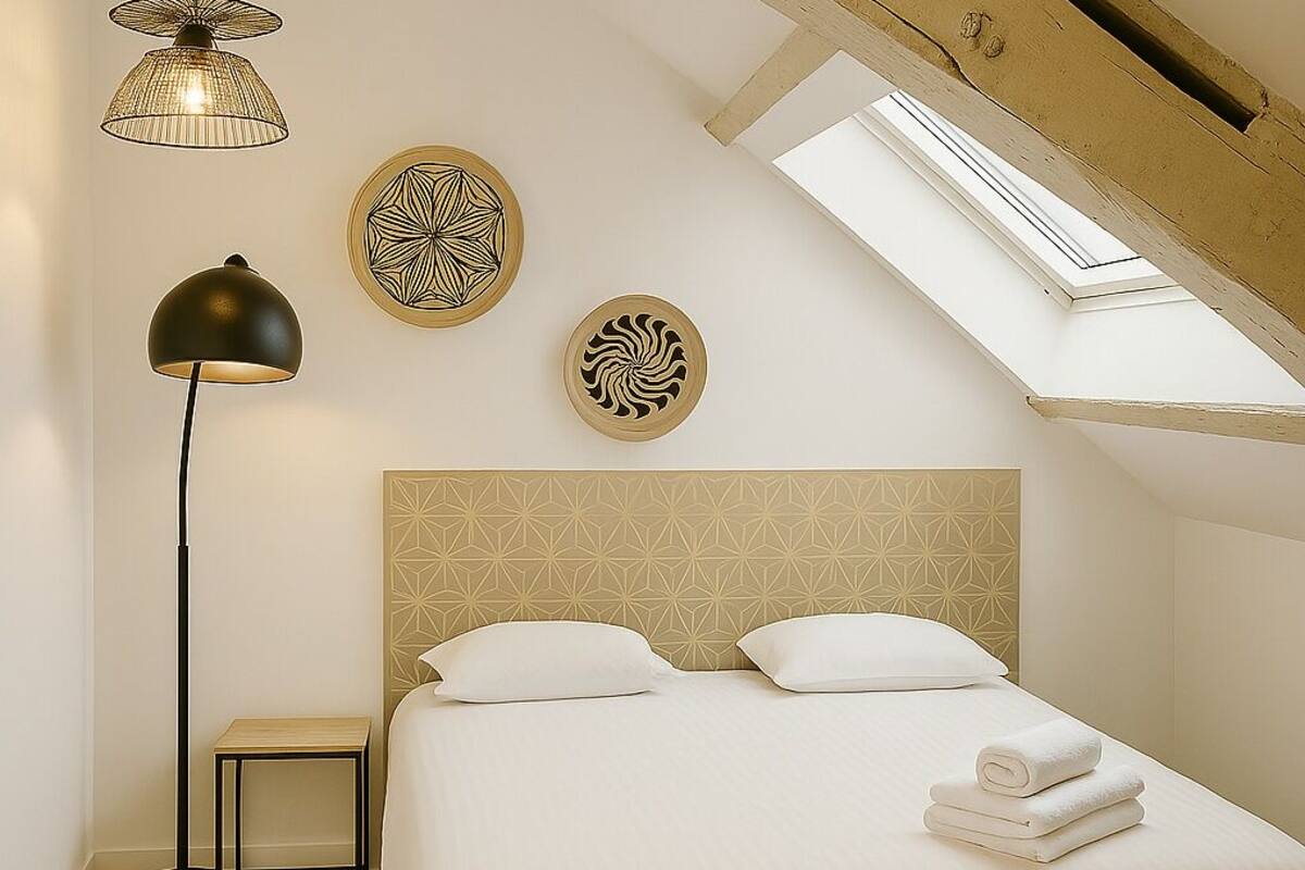 A bedroom with a bed, bedside table, lamp, and decorative plates on the wall.