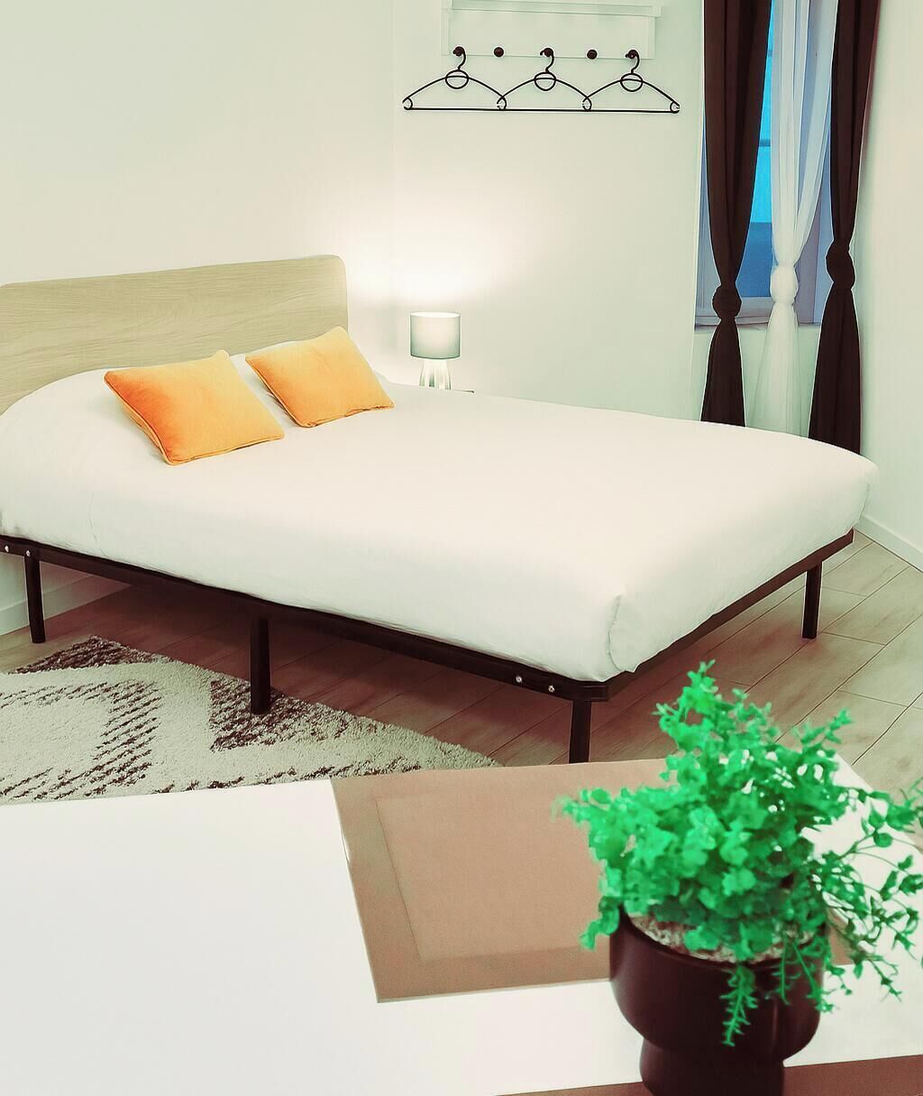 A neatly made bed with two orange pillows, a bedside lamp, and a potted plant on a wooden floor.