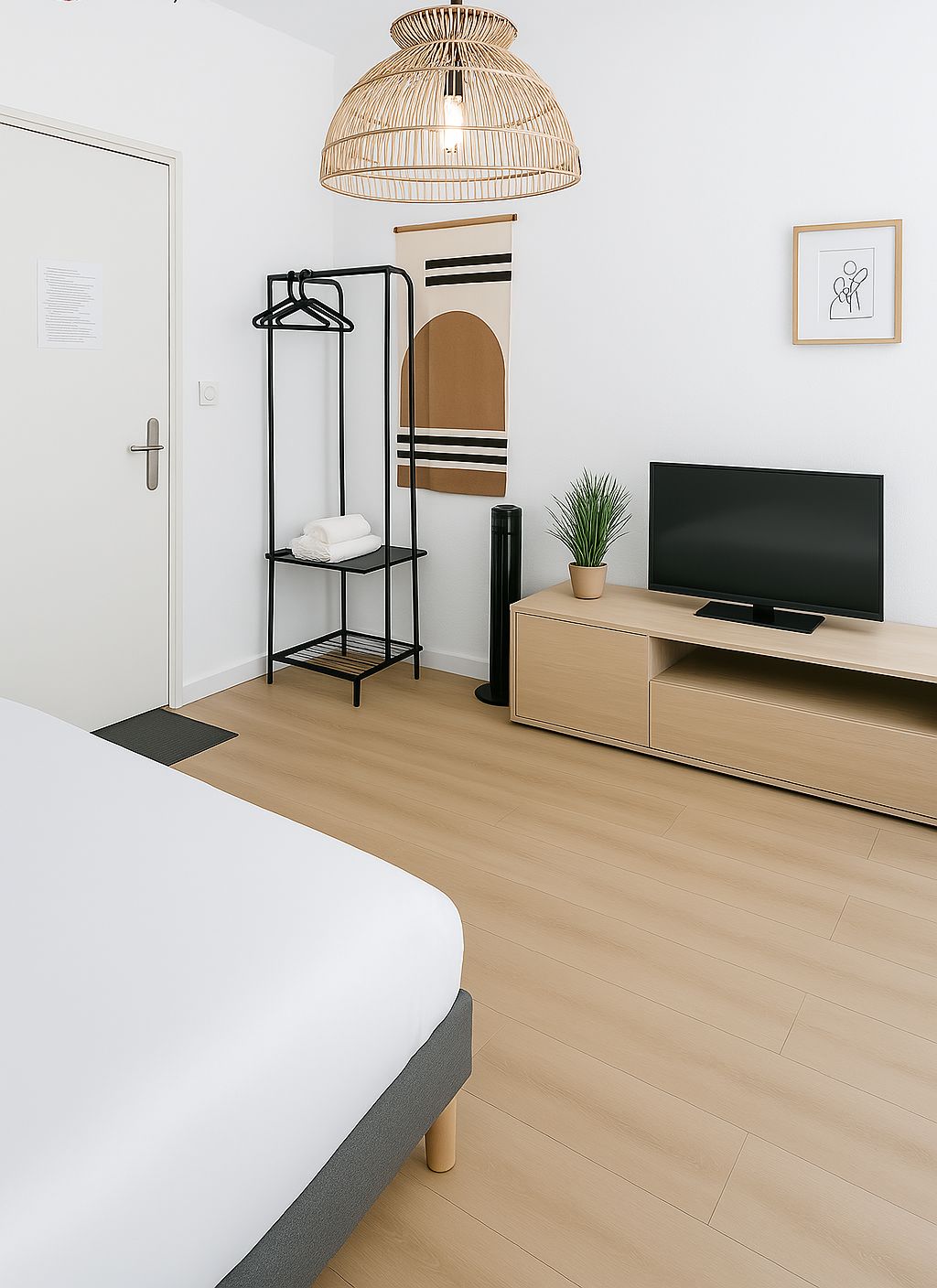 A modern hotel room with a bed, a TV, a hanging light fixture, a coat rack, and a wall-mounted shelf.