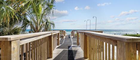 A wooden boardwalk leading to the beach with palm trees on one side.