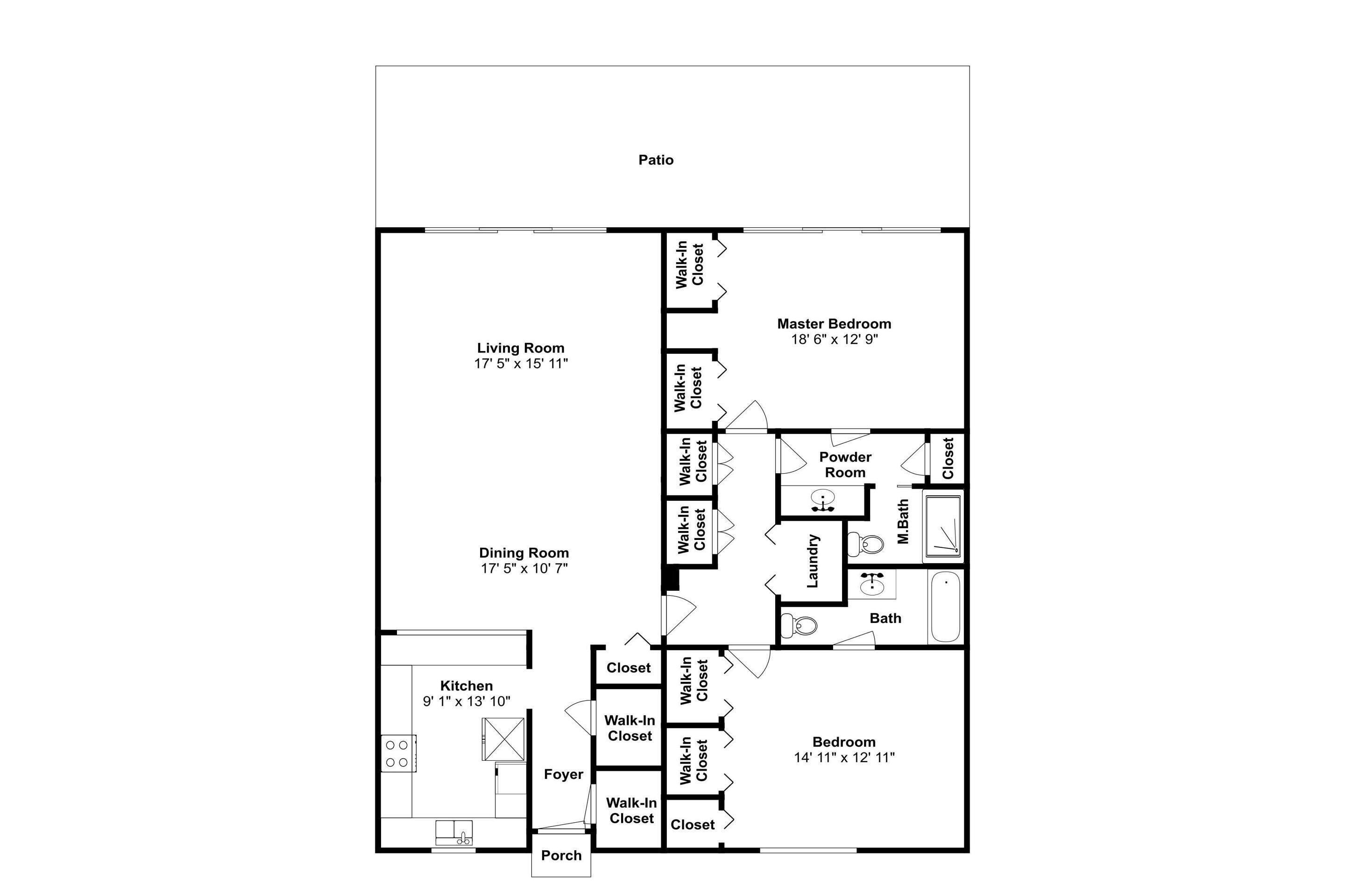 Un plan d’étage d’une maison comprenant une terrasse, un salon, une salle à manger, une cuisine, une chambre principale, des toilettes, une salle de bain, une chambre, un placard, un hall d’entrée et un porche.