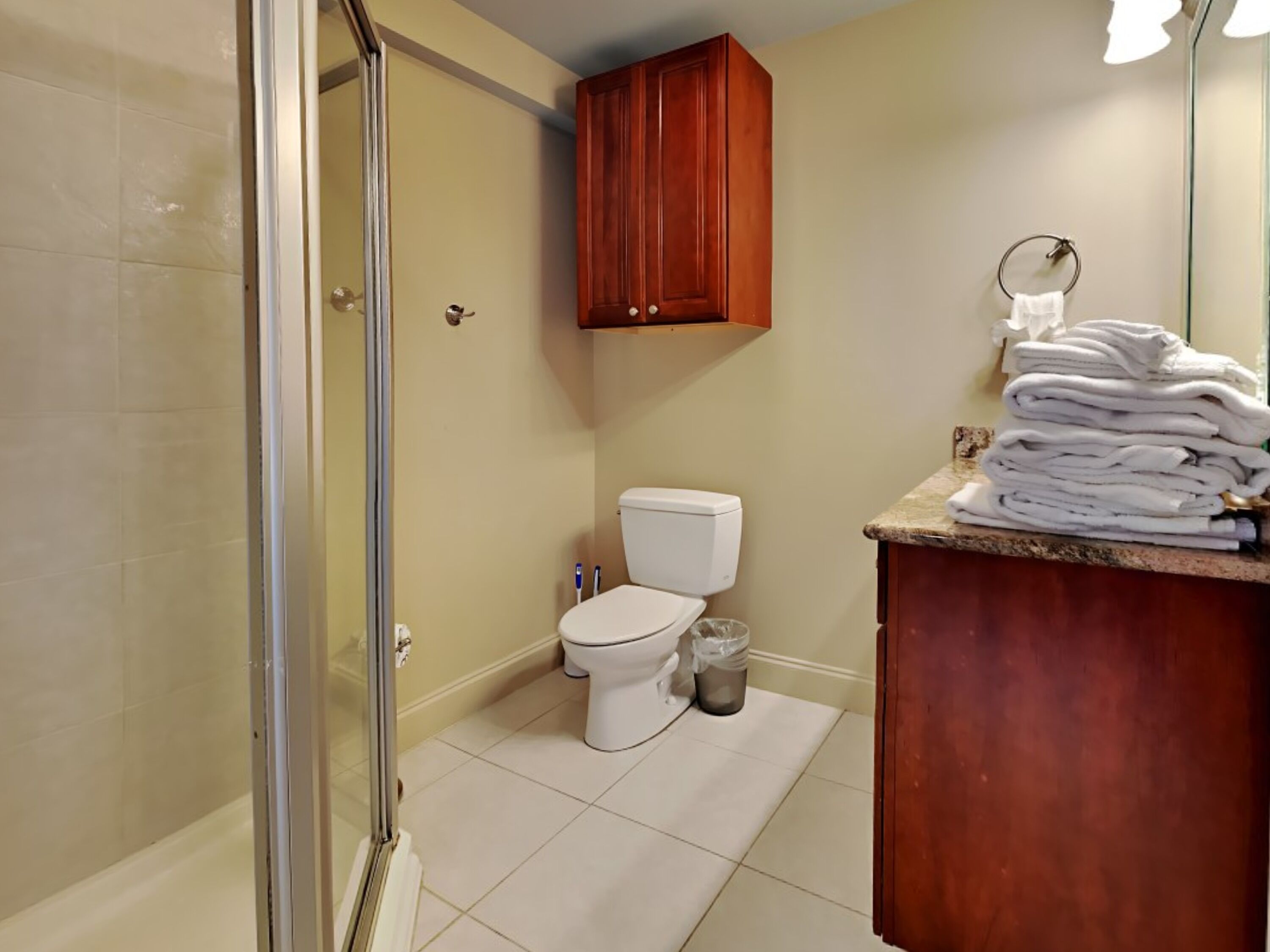 A bathroom with a glass shower enclosure, a toilet, and a wooden cabinet above the sink.