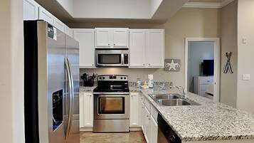 Condo (#E203 - No Pets) | Private kitchen | Fridge, microwave, oven, stovetop