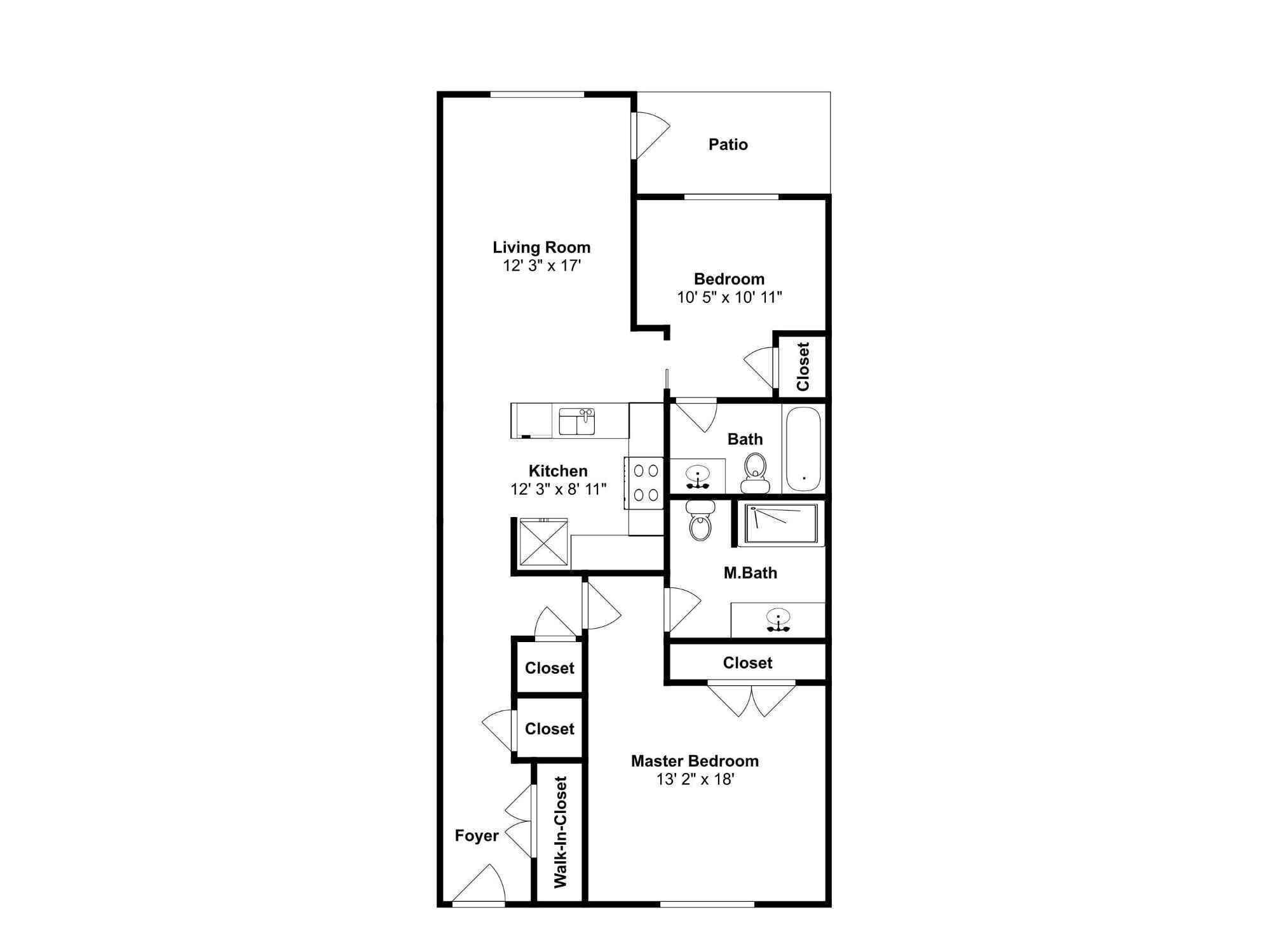 A floor plan with a living room, patio, kitchen, master bedroom, and two bedrooms.