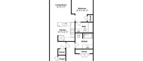 A floor plan with a living room, patio, kitchen, master bedroom, and two bedrooms.