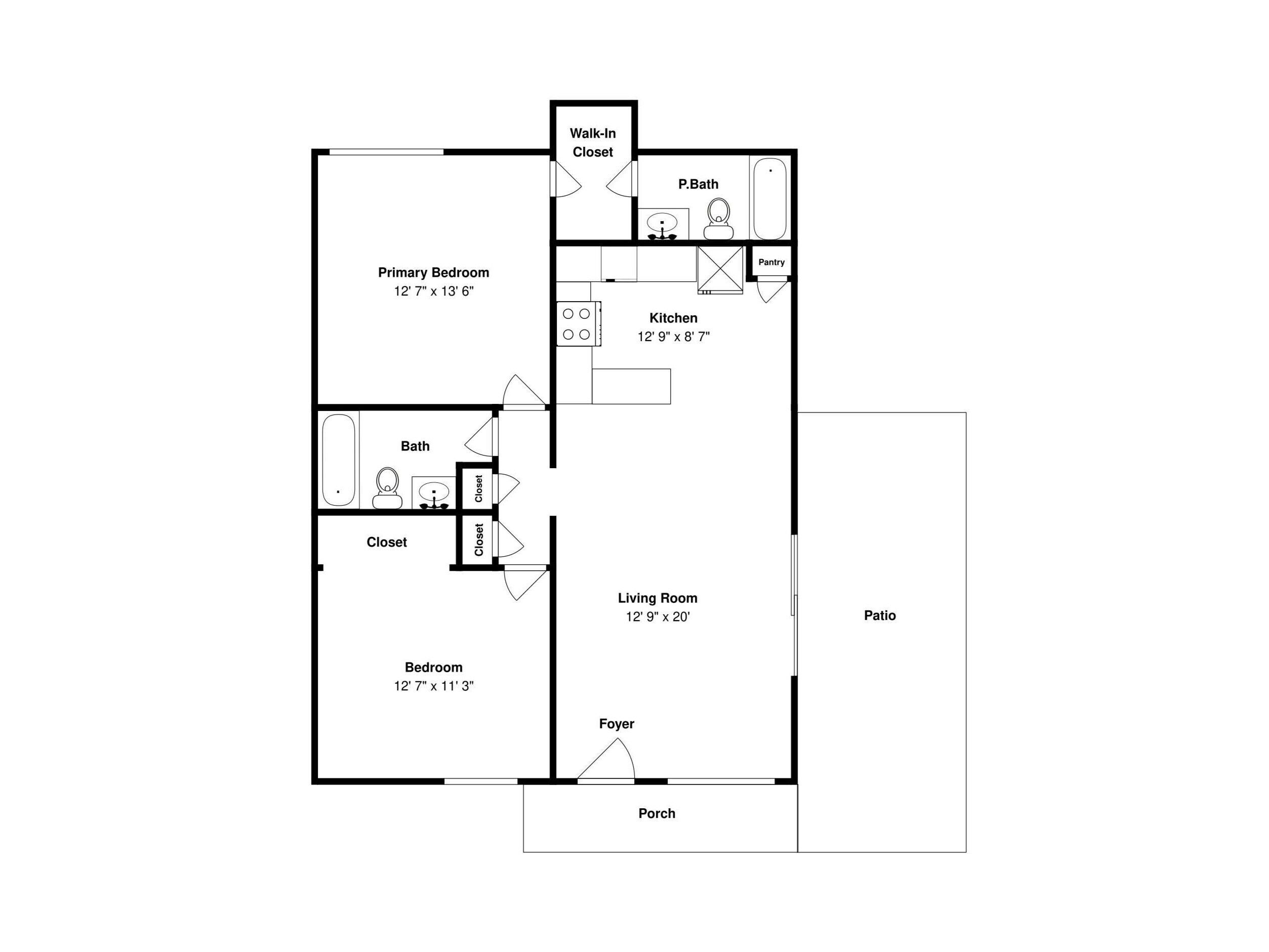 Planta baixa de uma casa, mostrando um quarto principal, um quarto secundário, banheiro, cozinha, sala de estar, pátio e hall de entrada.