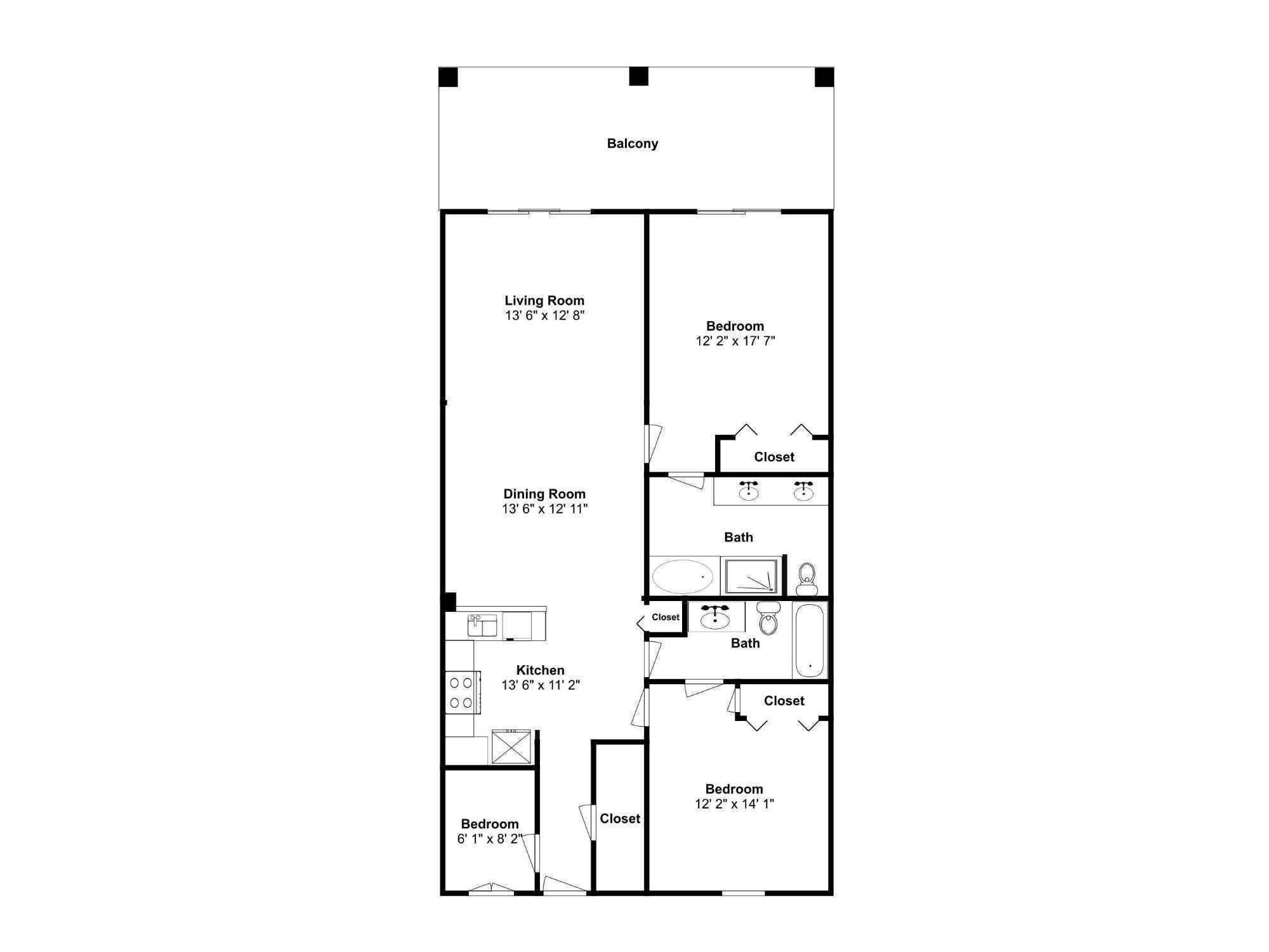 A floor plan of a hotel room with a balcony, living room, dining room, kitchen, two bedrooms, and two bathrooms.