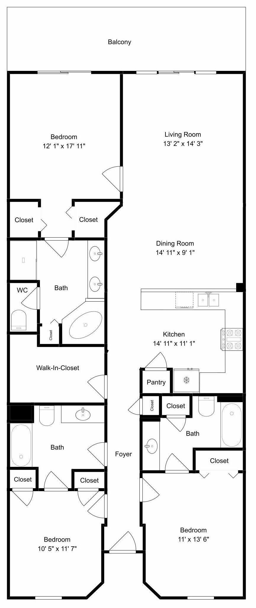 Plano de planta de una casa con balcón, dos dormitorios, sala de estar, comedor, cocina, baño, vestidor y dos recibidores.