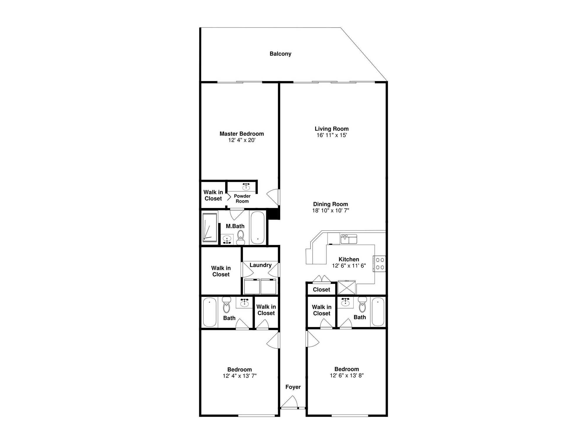 Plano de planta de una habitación de hotel con balcón, dormitorio principal, sala de estar, comedor, cocina, dos baños y dos dormitorios.