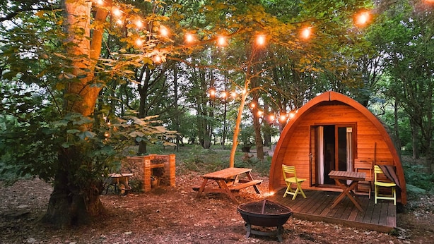 A cozy wooden cabin with a fireplace, picnic table, and outdoor seating area surrounded by trees.