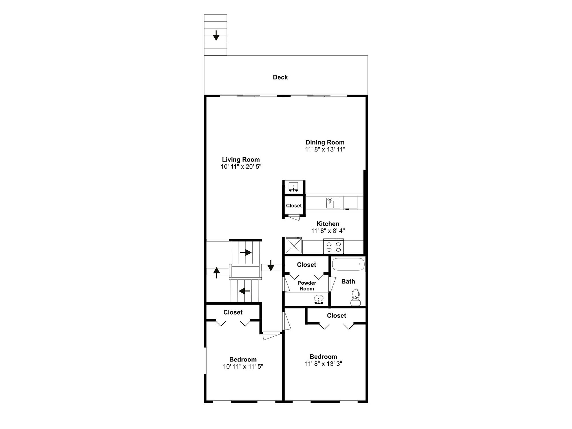 A floor plan of a house with a dining room, kitchen, two bedrooms, and a powder room.