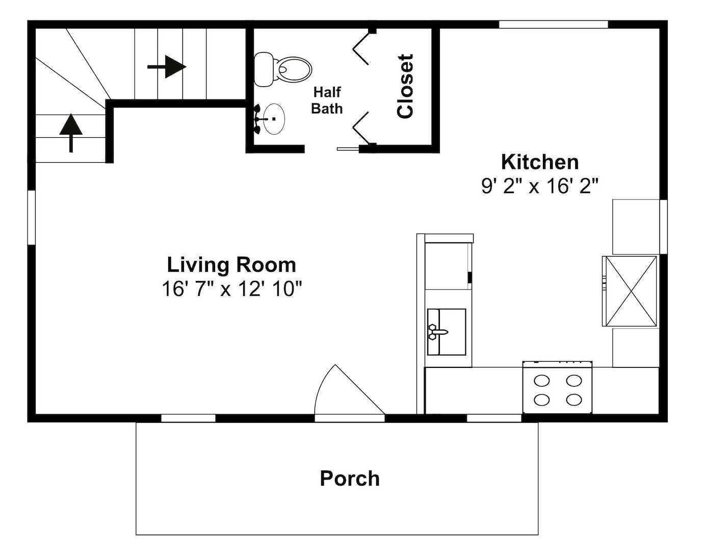 A floor plan with a living room measuring 16'7" x 12'10", a kitchen of 9'2" x 16'2", a half bath, a closet, and a porch.