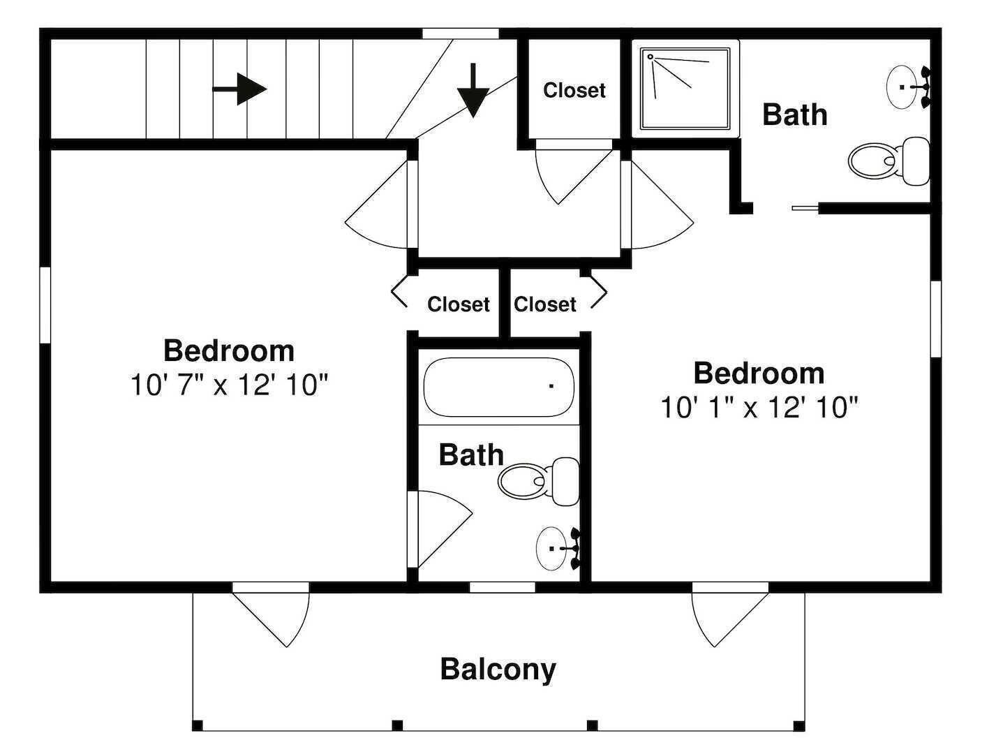 A floor plan of a hotel with two bedrooms, two bathrooms, a balcony, and two closets.