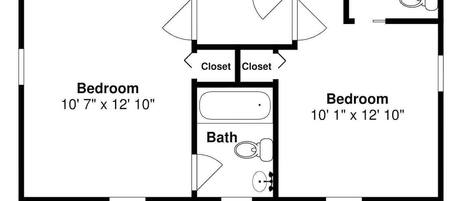 A floor plan of a hotel with two bedrooms, two bathrooms, a balcony, and two closets.