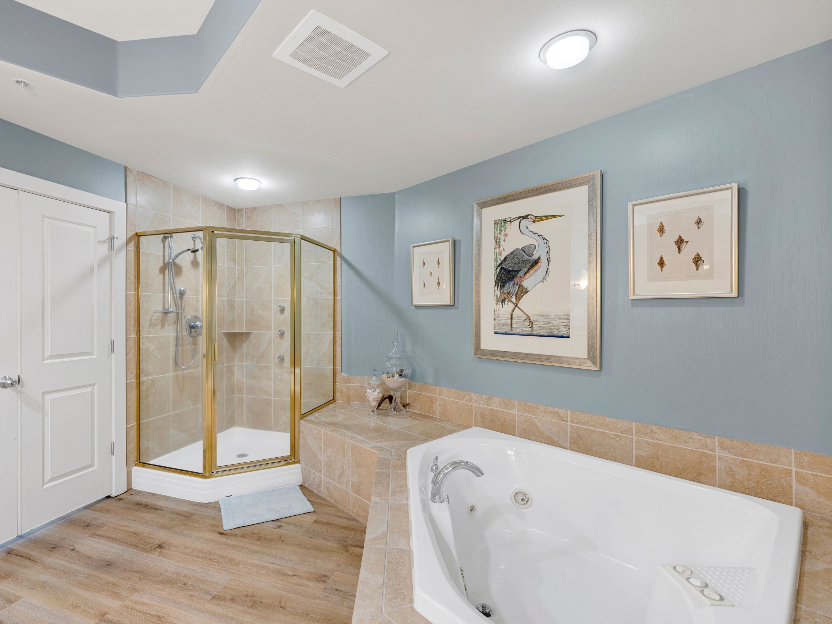 Un baño moderno con ducha de vidrio, una bañera grande y obras de arte en las paredes.