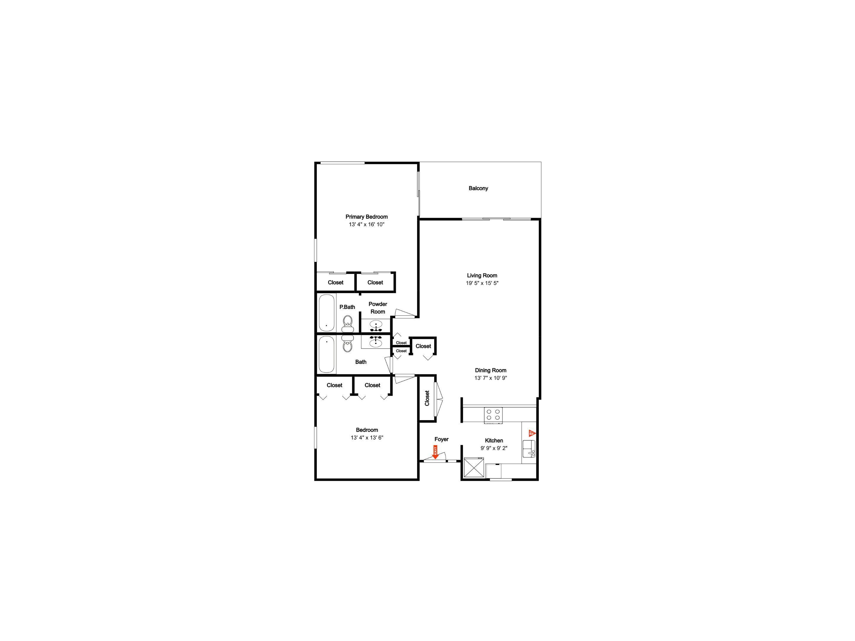 A floor plan of a hotel room with a balcony, primary bedroom, living room, dining room, bathroom, powder room, and kitchen.