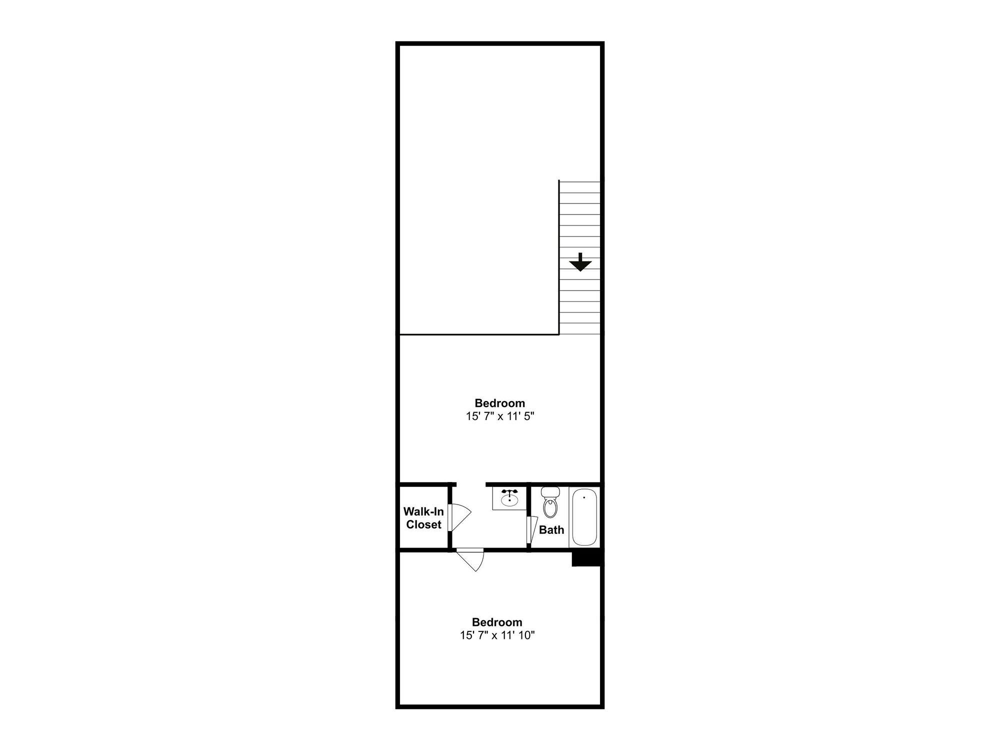 A floor plan with two bedrooms, a walk-in closet, and a bathroom.
