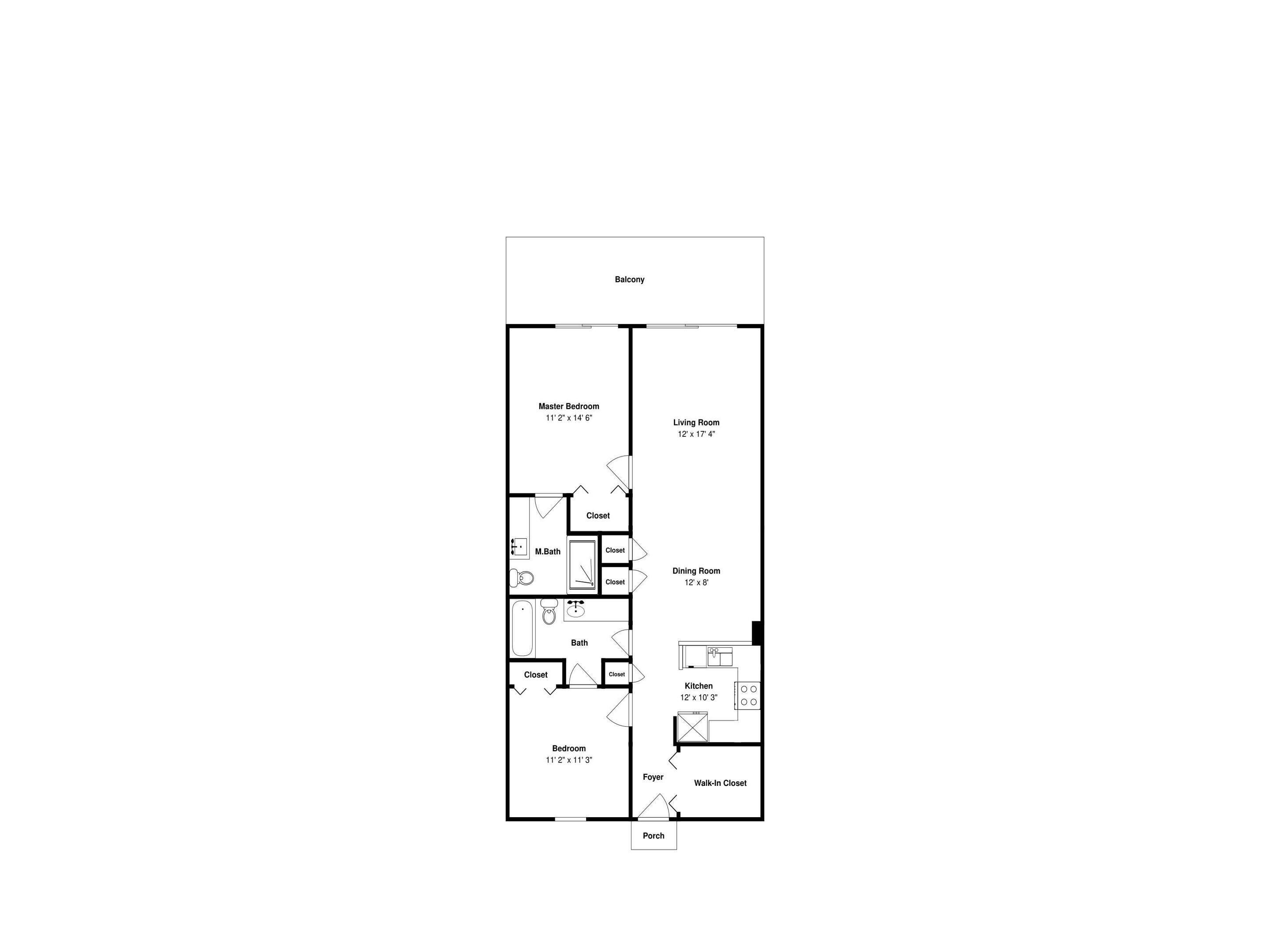 Plano de una habitación de hotel con balcón, dormitorio principal, sala de estar, comedor, cocina, baño y un vestíbulo que da a un porche.