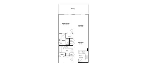 Plano de una habitación de hotel con balcón, dormitorio principal, sala de estar, comedor, cocina, baño y un vestíbulo que da a un porche.