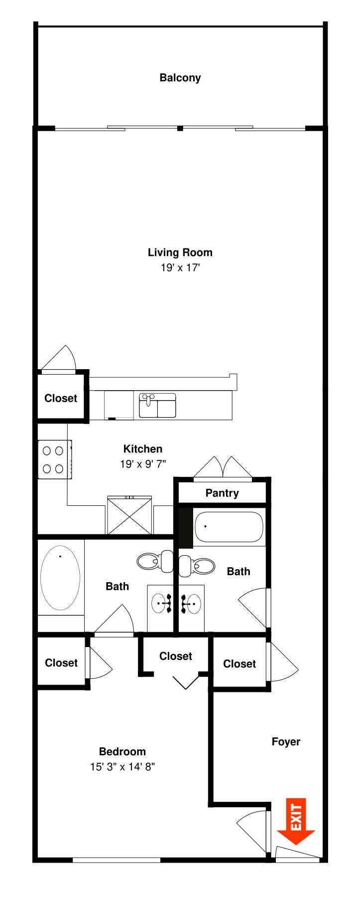 Plano de planta de una casa con balcón, sala de estar, cocina, dos baños, dos armarios, un dormitorio y un recibidor.